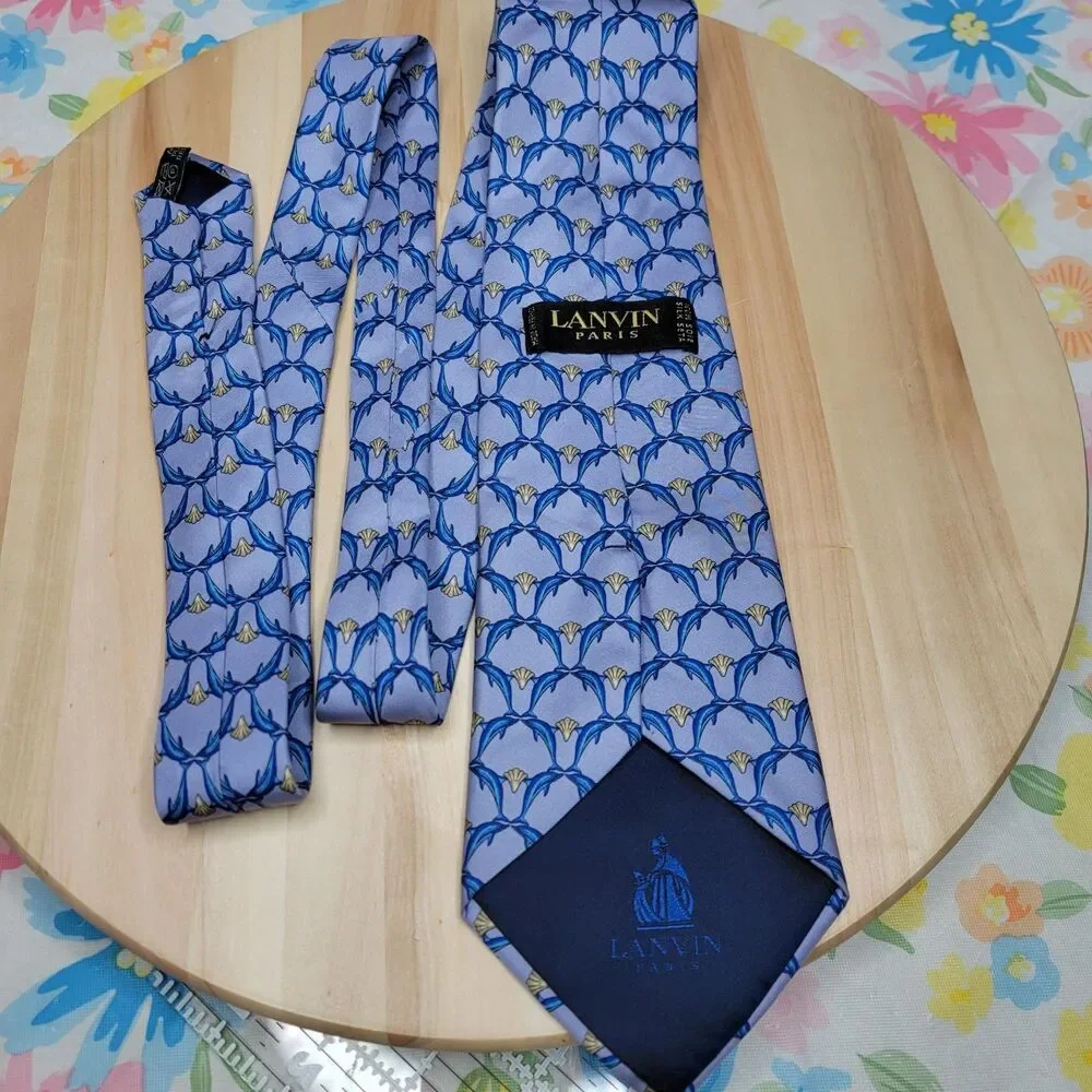 Lanvin Paris Dolphin Print Silk Tie Blue Sea Life Ocean Marine Novelty Necktie